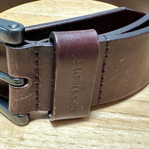 Women’s Carhartt 34 1 1/2” Wide 42” Long Leather Belt Brown Metal Buckle Uesd - Picture 3 of 11